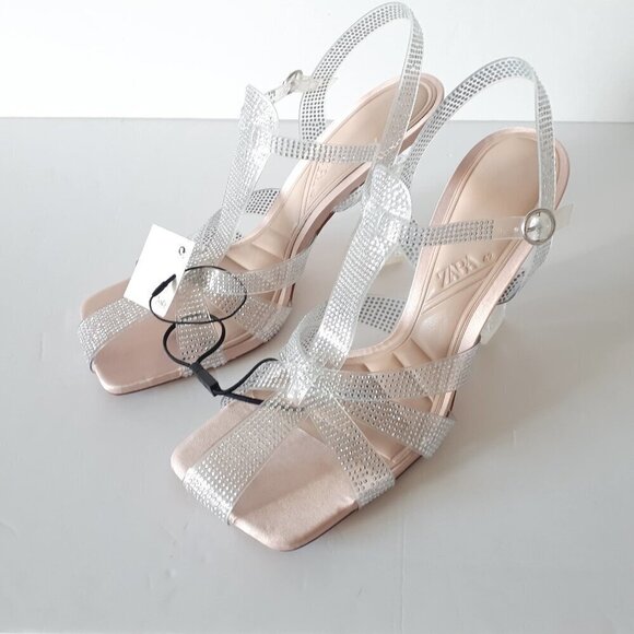 NWT Zara transparent rhinestone embellished vinyl heeled cage strappy sandals - Picture 12 of 15
